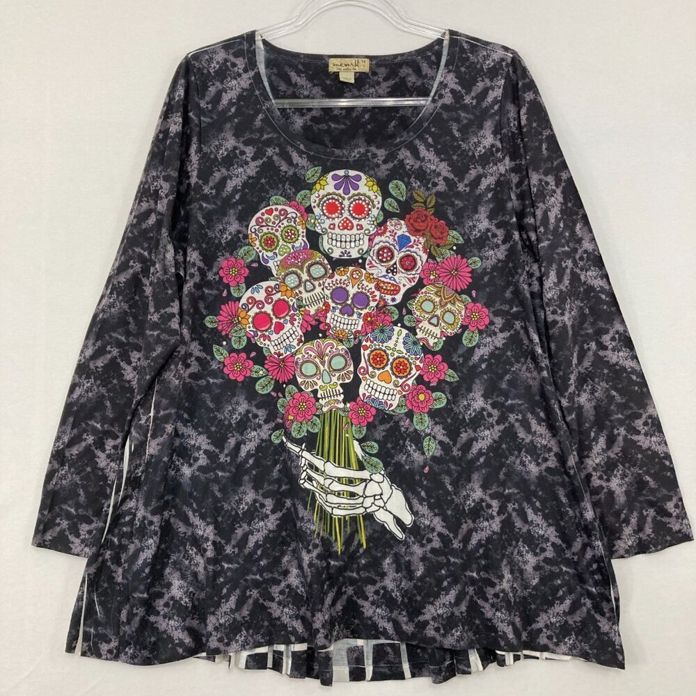 One World‎ size 1X Black Tie Dye Skull Print Stretch Long Sleeve Pullover Top